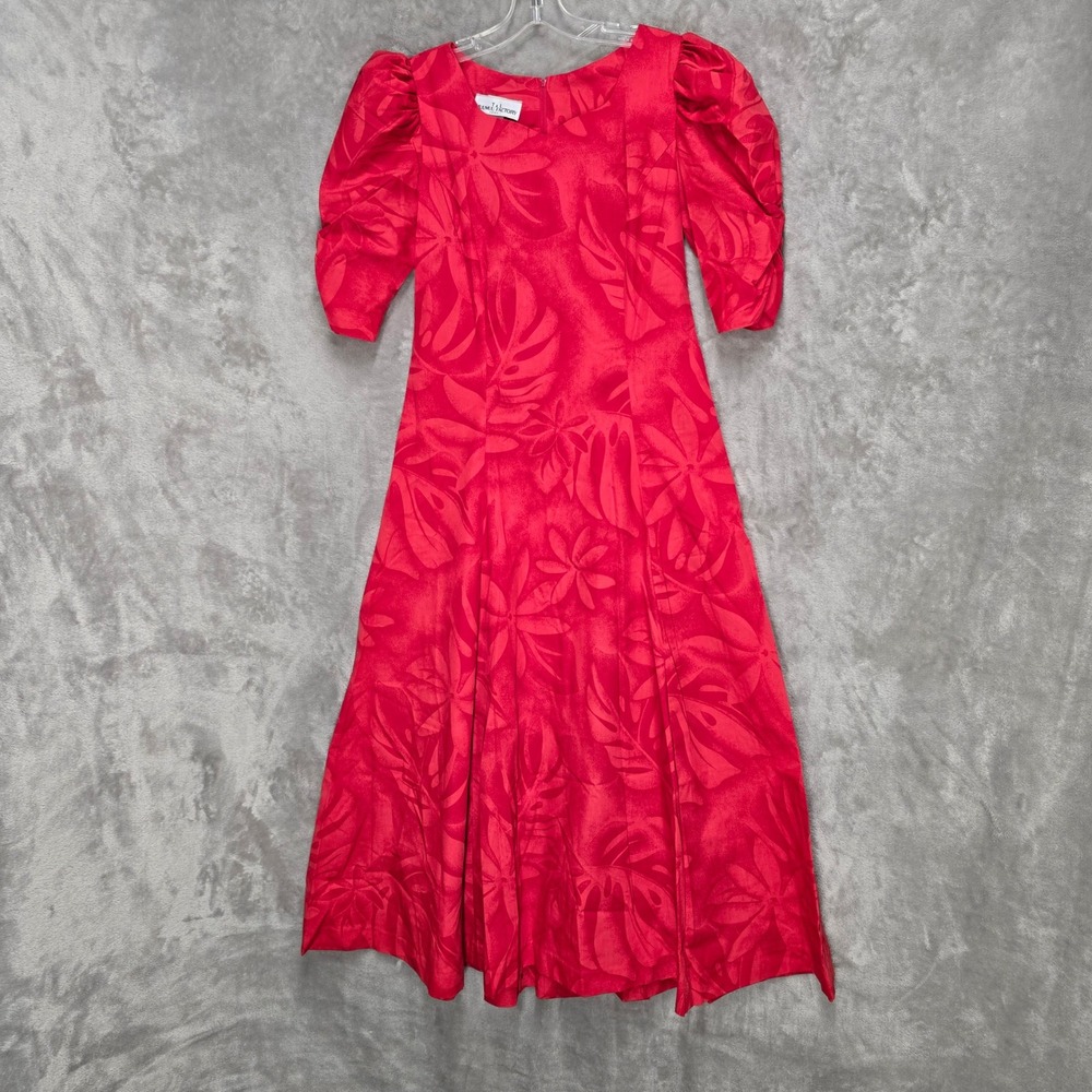T&L Muumuu Factory Dress Womens 7/8 Red Tropical Floral Puff Sleeve Maxi Hawaii - Picture 8 of 15